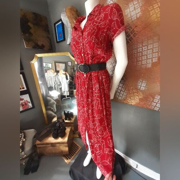 Vintage Eddie Bauer Red Floral Button-Down Midi Dress - Picture 13 of 16